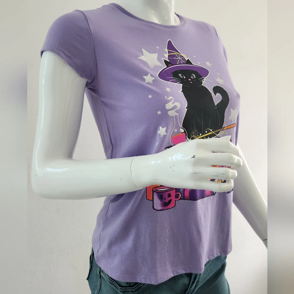 Girls Glow In The Dark Black Cat Witch Graphic Tee Size XL - Picture 6 of 11